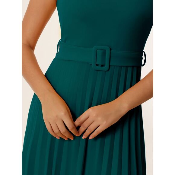 Pleated Dress Mock Neck Cap Sleeve Belted A-Line Dresses Green - Picture 4 of 6